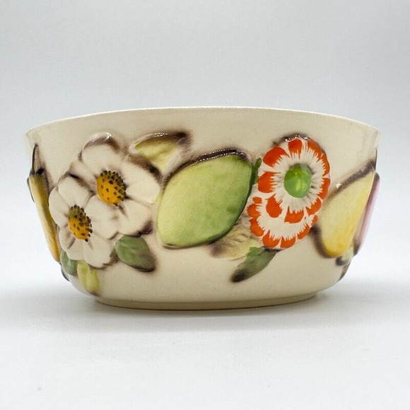 Vintage Cuernavaca Bowl Mexican Hand Painted Embossed Flowers And Fruits Ceramic - Picture 3 of 11